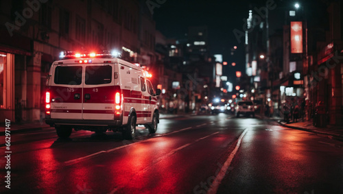 a medical emergency ambulance car driving with red lights on through the city on a road in the night time