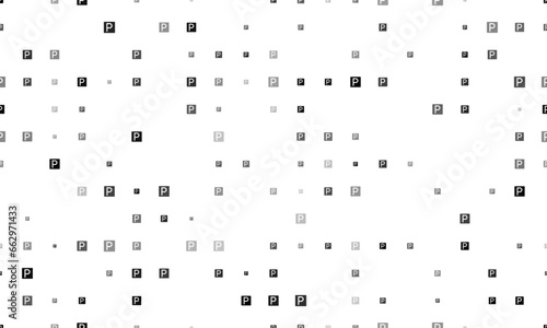 Seamless background pattern of evenly spaced black road parking signs of different sizes and opacity. Vector illustration on white background