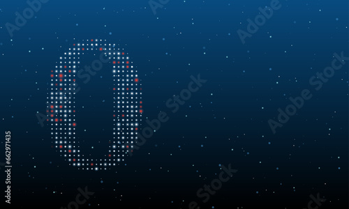 On the left is the number zero symbol filled with white dots. Background pattern from dots and circles of different shades. Vector illustration on blue background with stars