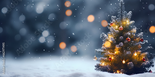 Christmas tree with ornaments, blurred background with lights and space for text