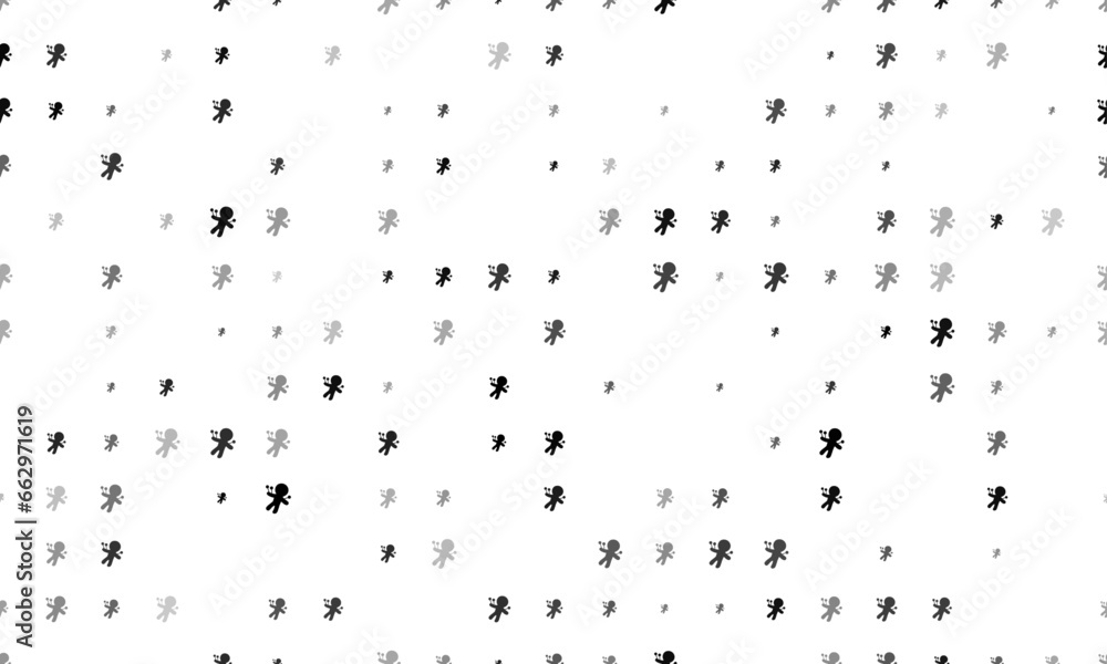 Seamless background pattern of evenly spaced black Voodoo Doll symbols of different sizes and opacity. Vector illustration on white background
