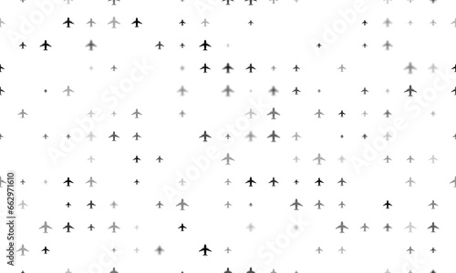 Seamless background pattern of evenly spaced black airplane symbols of different sizes and opacity. Illustration on transparent background
