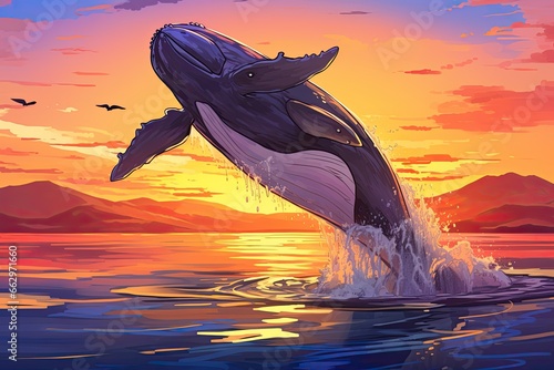 Cartoon Whale Joyfully Breaching Ocean Surface  Beautiful Sunset Backdrop with Splashing Impact  generative AI