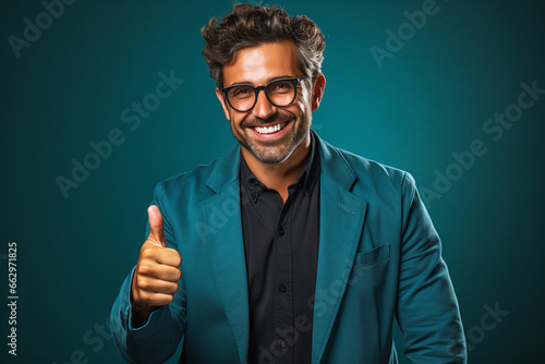 portrait of a expression of a happy laughing man with brown hair against colorful background who holds his thumbs up wearing glasses and beard