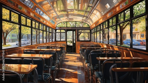 The inside of a bus with tables and chairs, AI