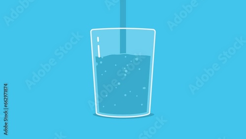 Pouring drinking water with bubbles in a glass. Flat vector style animation.