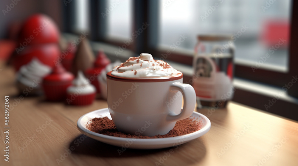 Tasse de chocolat chaud ou cappuccino. Boisson chaude, ambiance chaleureuse et relaxante. Arrière-plan pour conception et création graphique.