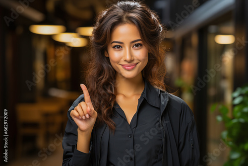 portrait of a expression of a  happy laughing asian  woman with curly brown hair against colorful background who holds her index finger up to explain or point