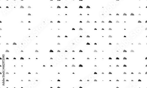 Seamless background pattern of evenly spaced black tractor symbols of different sizes and opacity. Illustration on transparent background