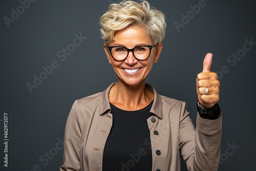 portrait of a expression of a happy laughing senior woman with grey hair against grey background who holds her thumbs up 