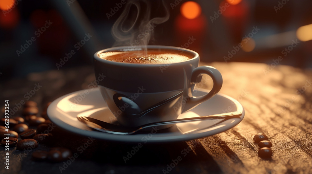 Tasse de café ou cappuccino. Boisson chaude, ambiance chaleureuse et relaxante. Arrière-plan pour conception et création graphique. - obrazy, fototapety, plakaty 