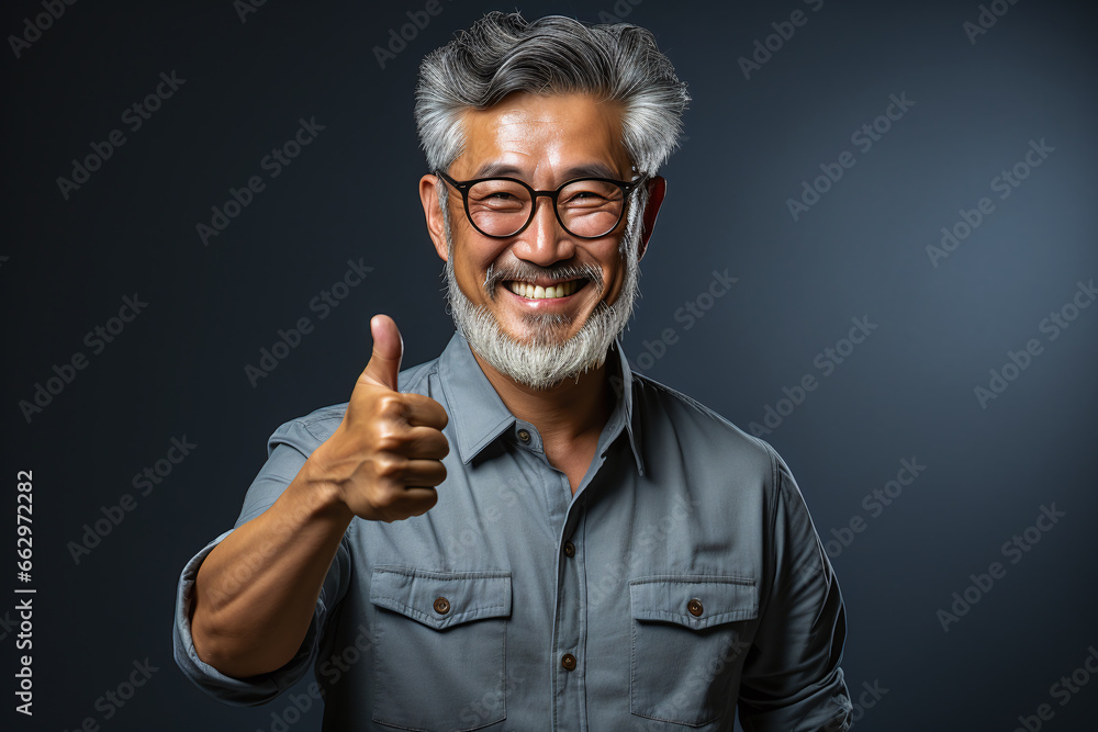 portrait of a expression of a happy laughing senior man with grey hair against dark background who holds his thumb up portrait of a expression of a happy laughing senior man with grey hair against dark background who holds his thumb up