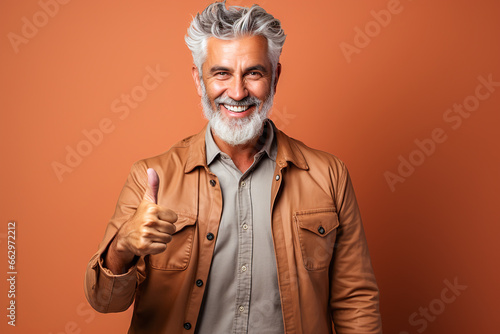 portrait of a expression of a happy laughing senior man with grey hair against orange background who holds his thumb up 