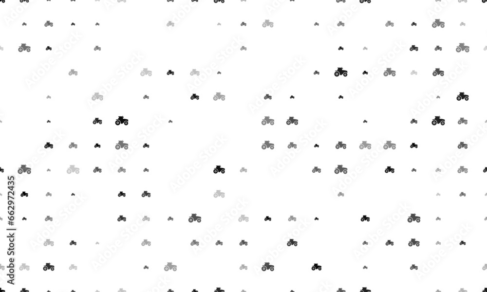 Seamless background pattern of evenly spaced black tractor icons of different sizes and opacity. Vector illustration on white background