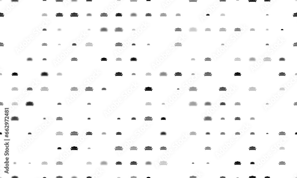 Seamless background pattern of evenly spaced black sofa symbols of different sizes and opacity. Illustration on transparent background
