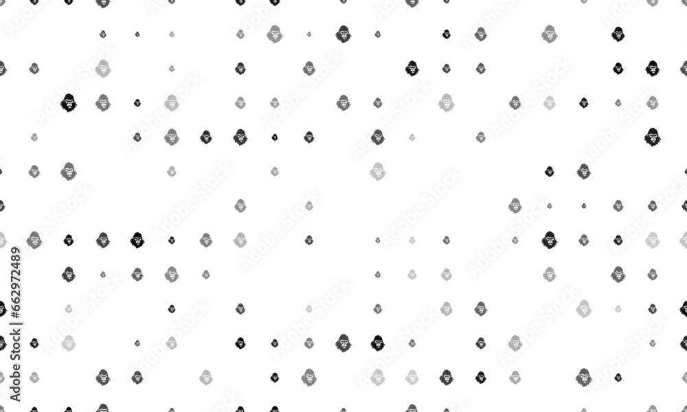 Seamless background pattern of evenly spaced black gorilla head symbols of different sizes and opacity. Vector illustration on white background Seamless background pattern of evenly spaced black gorilla head symbols of different sizes and opacity. Vector illustration on white background
