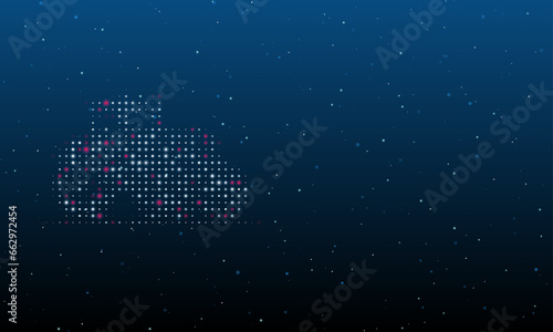 On the left is the tractor symbol filled with white dots. Background pattern from dots and circles of different shades. Vector illustration on blue background with stars
