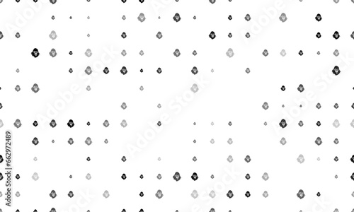 Seamless background pattern of evenly spaced black gorilla head symbols of different sizes and opacity. Vector illustration on white background