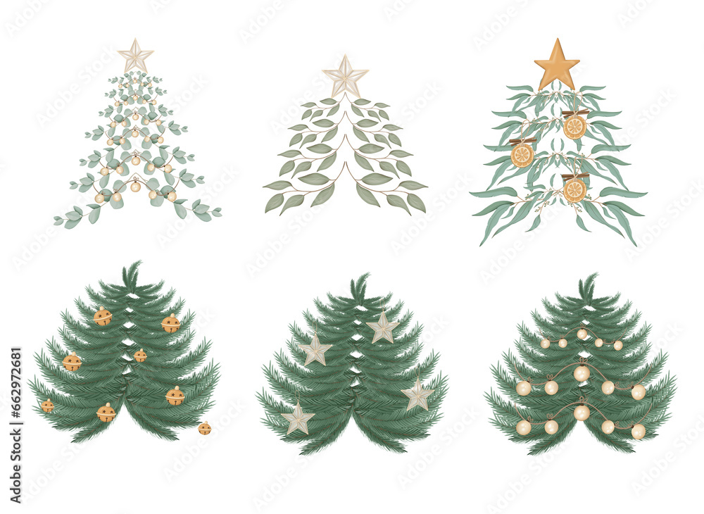 Set of Christmas trees. Hand-drawn illustrations