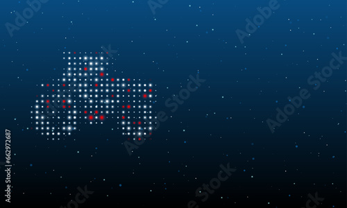 On the left is the tractor symbol filled with white dots. Background pattern from dots and circles of different shades. Vector illustration on blue background with stars