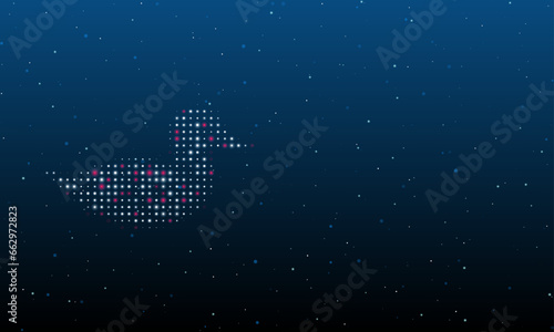On the left is the duck symbol filled with white dots. Background pattern from dots and circles of different shades. Vector illustration on blue background with stars