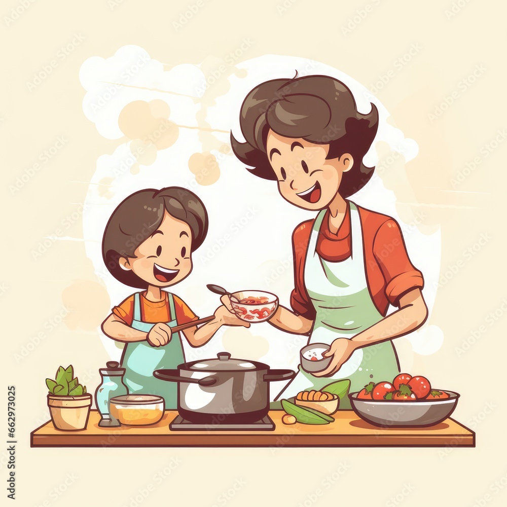 Cartoon mother cooking, AI generated Image