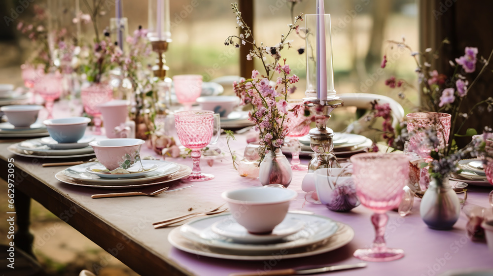 table setting with flowers in purple colors