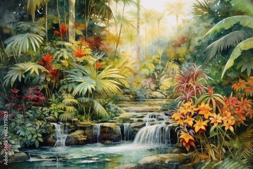 Vibrant, tranquil watercolor artwork of a lush tropical paradise with a river, foliage, blooms, and avian fauna. Generative AI
