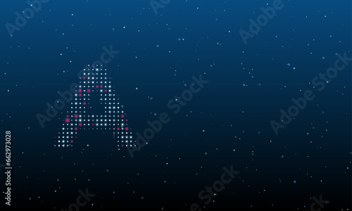 On the left is the capital letter A symbol filled with white dots. Background pattern from dots and circles of different shades. Vector illustration on blue background with stars