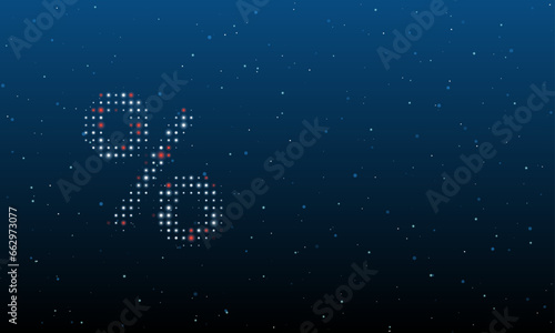 On the left is the percent symbol filled with white dots. Background pattern from dots and circles of different shades. Vector illustration on blue background with stars
