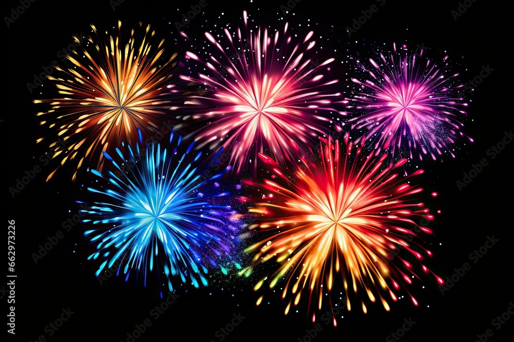 Fireworks Clipart: Spectacular Multi-Colored Spark Explosions in a Dark Night Sky for Celebrations and Joy, generative AI