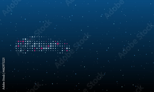 On the left is the car symbol filled with white dots. Background pattern from dots and circles of different shades. Vector illustration on blue background with stars