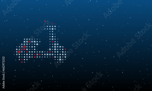 On the left is the scooter symbol filled with white dots. Background pattern from dots and circles of different shades. Vector illustration on blue background with stars