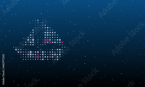 On the left is the sailing boat symbol filled with white dots. Background pattern from dots and circles of different shades. Vector illustration on blue background with stars