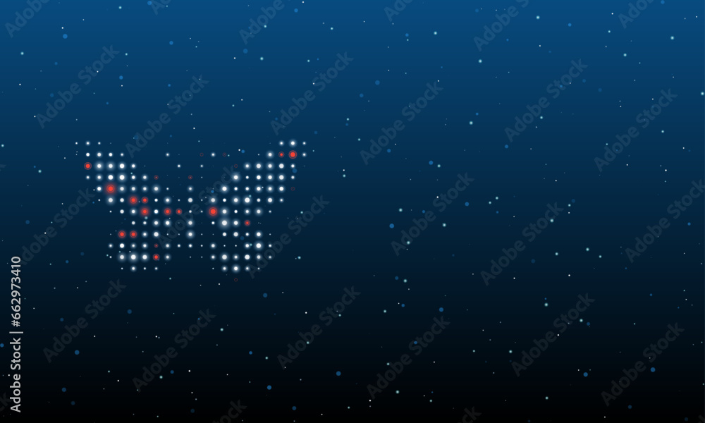 On the left is the butterfly symbol filled with white dots. Background pattern from dots and circles of different shades. Vector illustration on blue background with stars