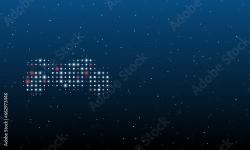 On the left is the bike symbol filled with white dots. Background pattern from dots and circles of different shades. Vector illustration on blue background with stars