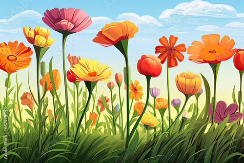 Animated Flower Clip Art: Field of Unique Expressions for Spring Festival, generative AI © Michael