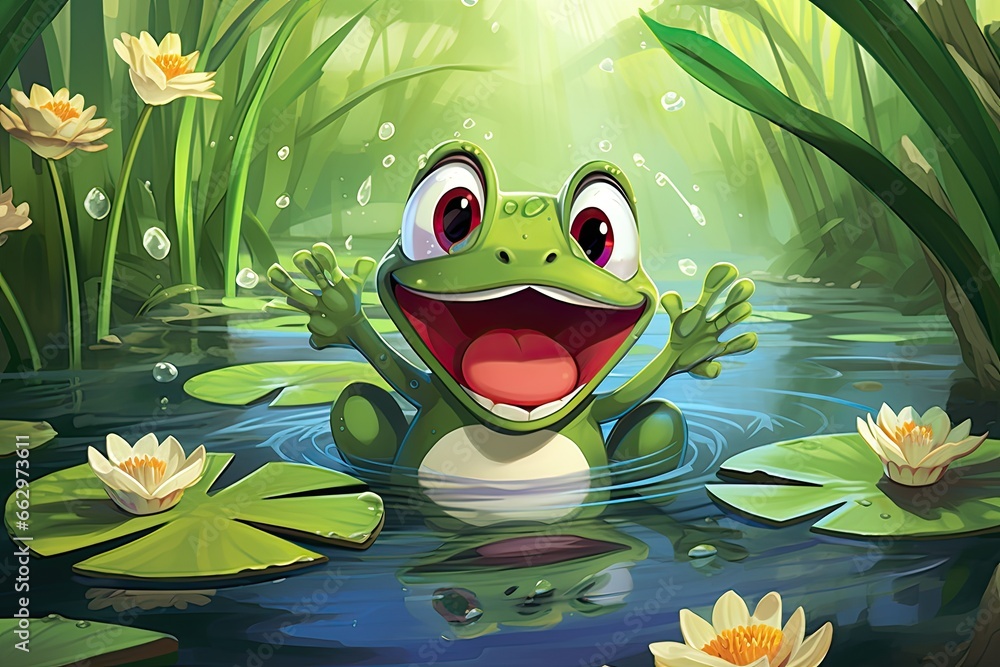 Frog Cartoon: Jolly Frog Hopping on Lilypads in Serene Pond - Capturing Nature's Playfulness, generative AI