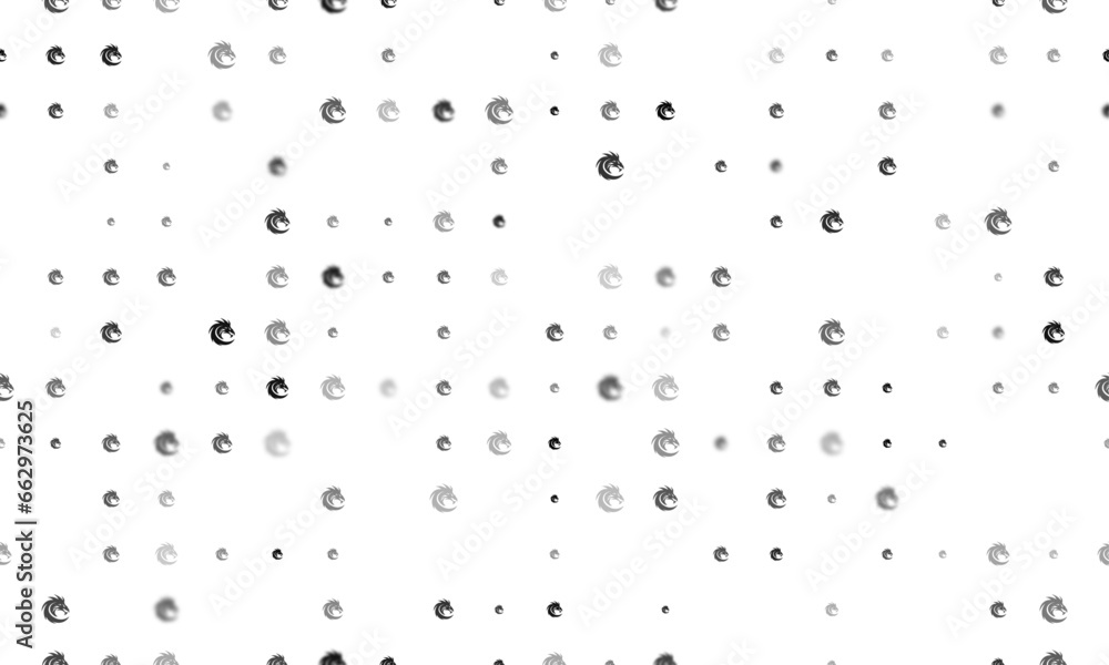 Seamless background pattern of evenly spaced black dragon's head symbols of different sizes and opacity. Vector illustration on white background Seamless background pattern of evenly spaced black dragon's head symbols of different sizes and opacity. Vector illustration on white background