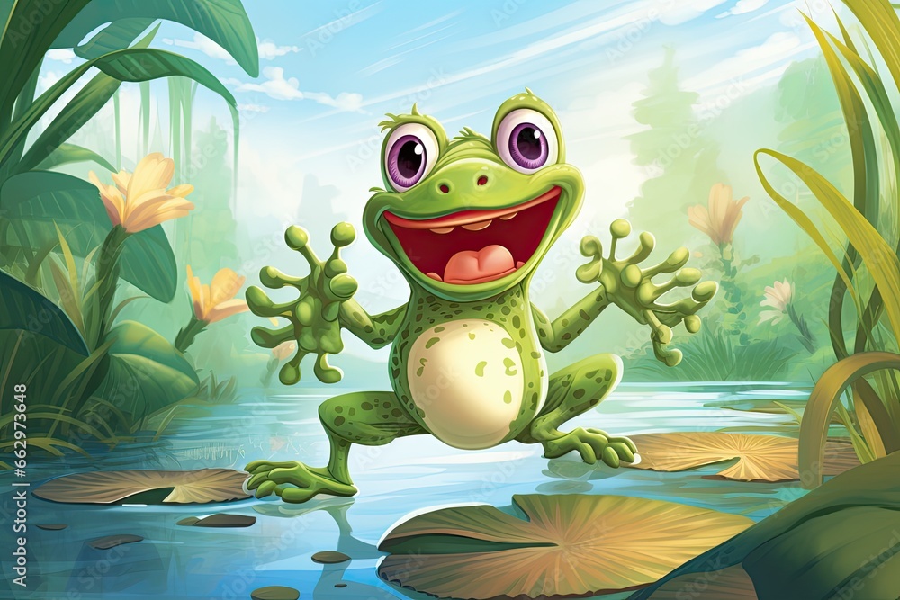 Fototapeta premium Frog Clipart: Lively Frog Leaping Between Lily Pads in a Serene Pond, Teeming with Life, generative AI