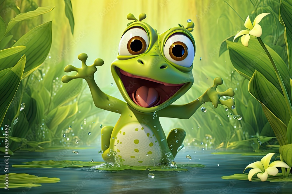 Jolly Frog Cartoon: Leaping from Lilypad to Lilypad in a Serene Pond, generative AI