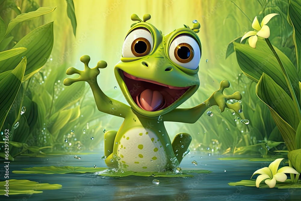 Fototapeta premium Jolly Frog Cartoon: Leaping from Lilypad to Lilypad in a Serene Pond, generative AI
