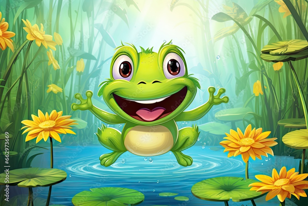 Lively Frog Clipart: Leaping Between Lily Pads in a Serene Pond, generative AI