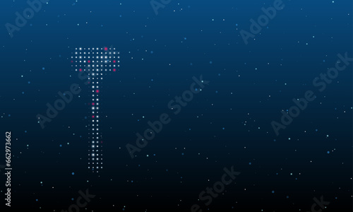 On the left is the mallet symbol filled with white dots. Background pattern from dots and circles of different shades. Vector illustration on blue background with stars