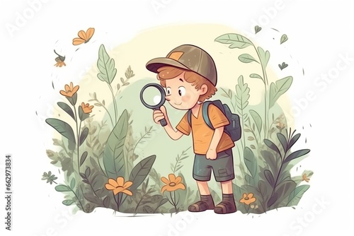 A small caucasian kid looks at a plant with a magnifying glass