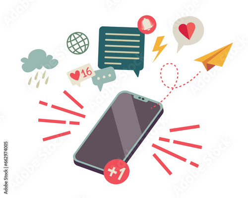 Mail notification and dependance on a smartphone. Vector illustration separated items on a white background. Cellphone with internet icons.