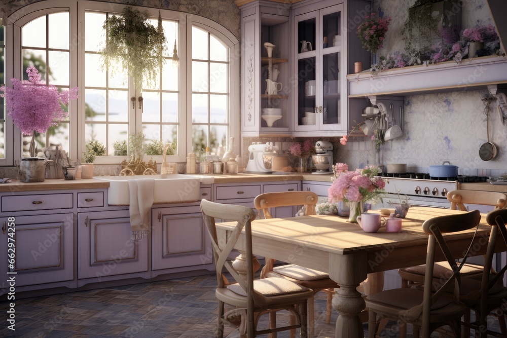 Romantic French Country Kitchen Interior with Pastel Cabinets, Blooming Flowers, and Rustic Wooden Furniture Details