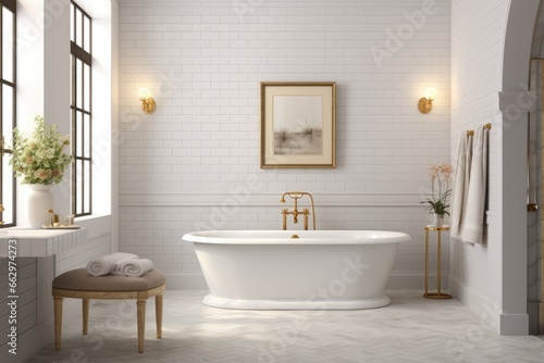 Pristine Minimalist Bathroom with Freestanding Bathtub  Subtle Gold Fixtures  and White Subway Tiles