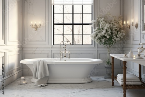 Elegant White Classic Primary Bathroom with Freestanding Tub, Vintage Side Table and Opulent Flower Arrangement