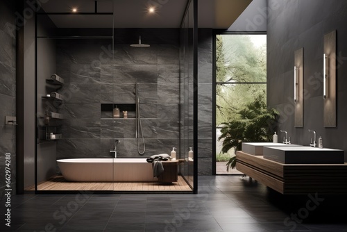 Luxury Minimalist Bathroom  Dark Stone Walls  Freestanding Bathtub  Floating Wooden Vanity  and Expansive Window